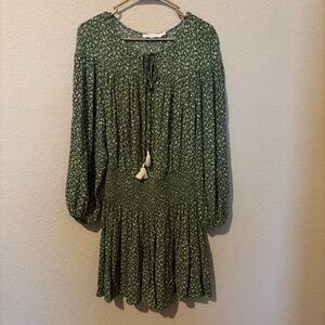 All In Favor Green White Floral Smocked Waist Long Sleeve Minidress, Size Medium